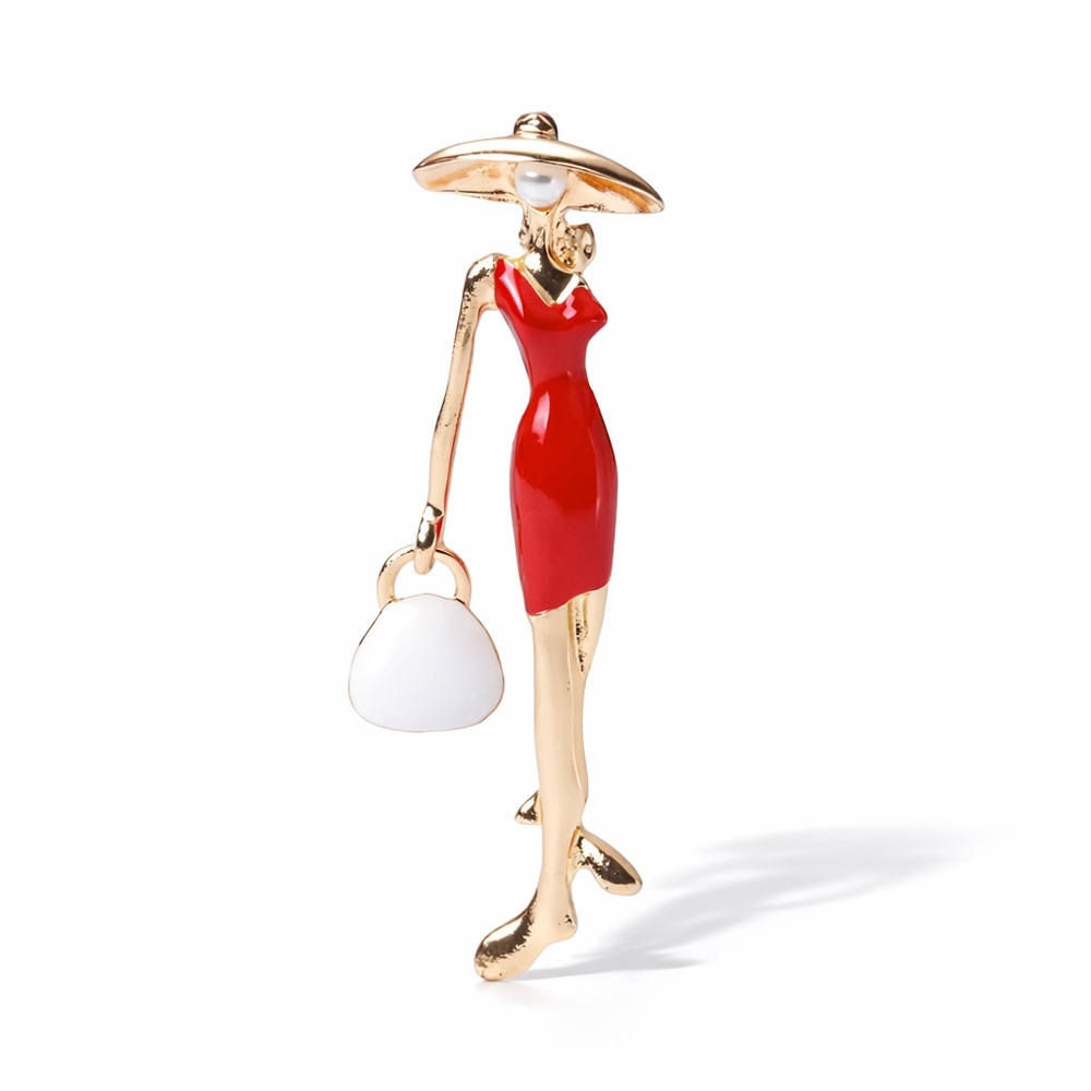 Elegant Red and Gold Woman Figure Brooch